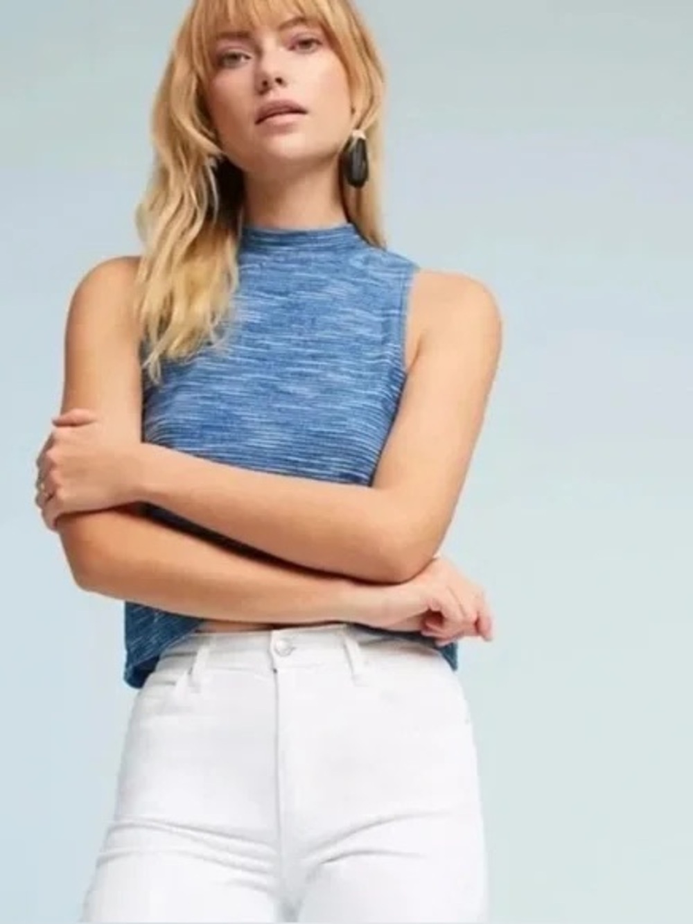 Anthropologie Indigo Mockneck Sleeveless Striped Fitted Casual Tank Top Shirt